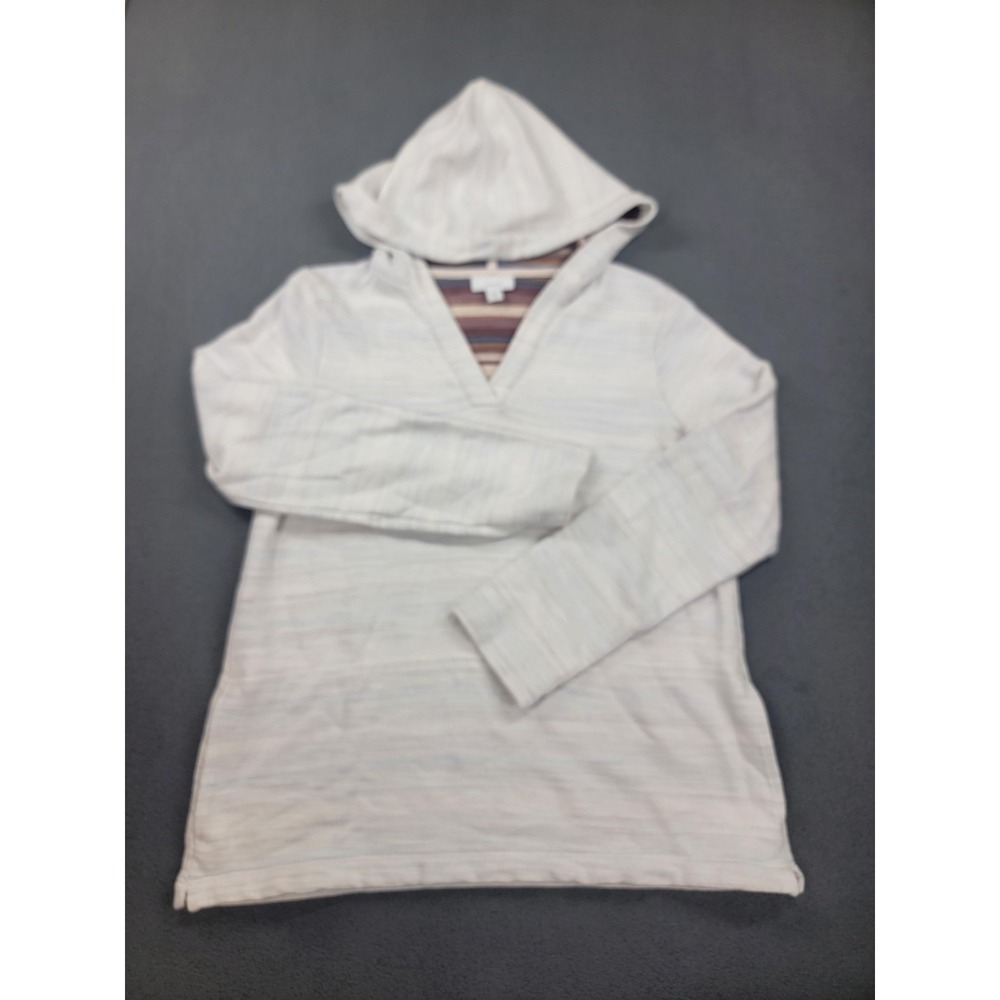 J Jill Pure Jill Hoodie‎ Pullover Womens XS White Stripe Lined V-Neck Cotton